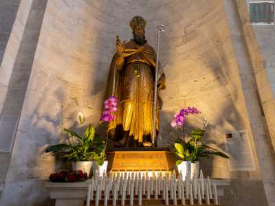 ...e San Biagio di Sebaste, attuale patrono di Ruvo. Se la prima � in argento, la seconda fu realizzata nel 600 con la tecnica dell��estofado de oro�: � in legno rivestito con lamine dorate e trattata in modo che sembri di oro